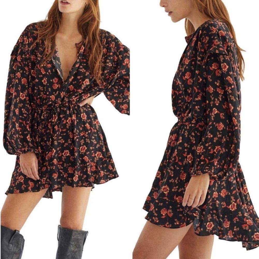 Free People Flower Fields Button Down Pleated Drawstring Waist Dress Black NWT